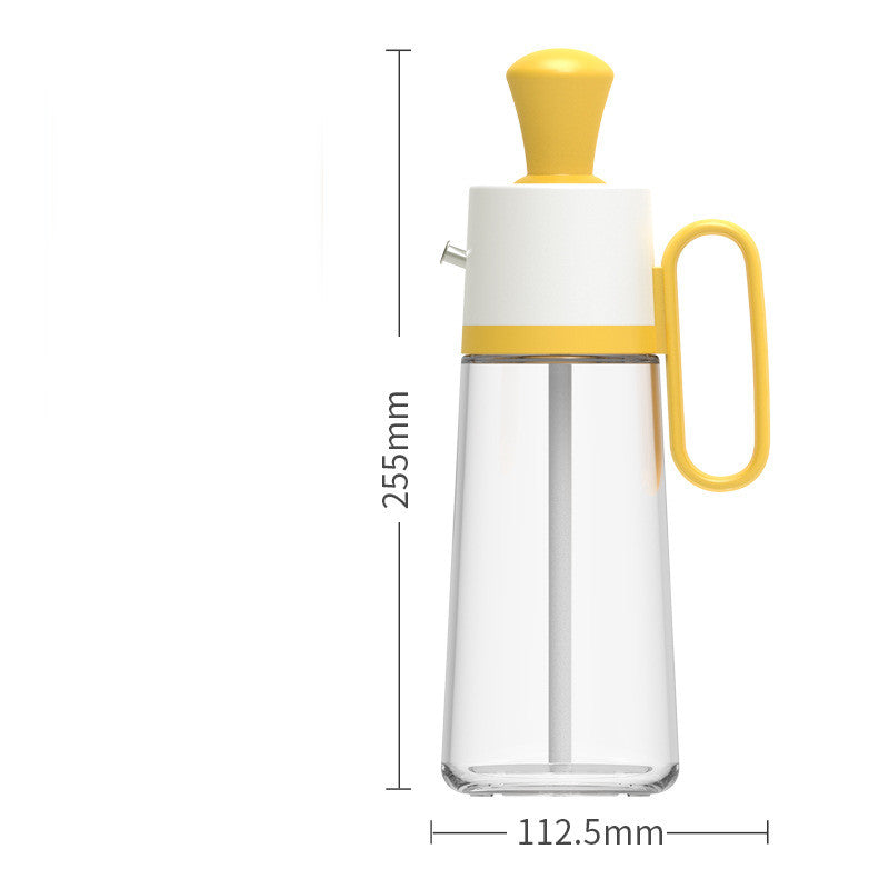 Clear glass bottle with yellow accents and measurements on a white background