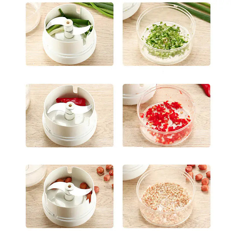 Collage of a white manual food chopper with chopped vegetables on a wooden surface.