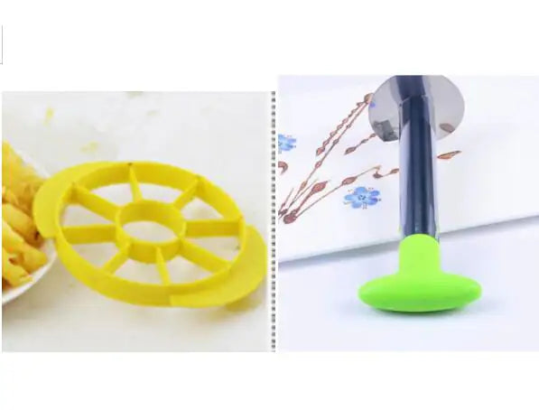 Yellow circular kitchen tool and green kitchen tool on a white background