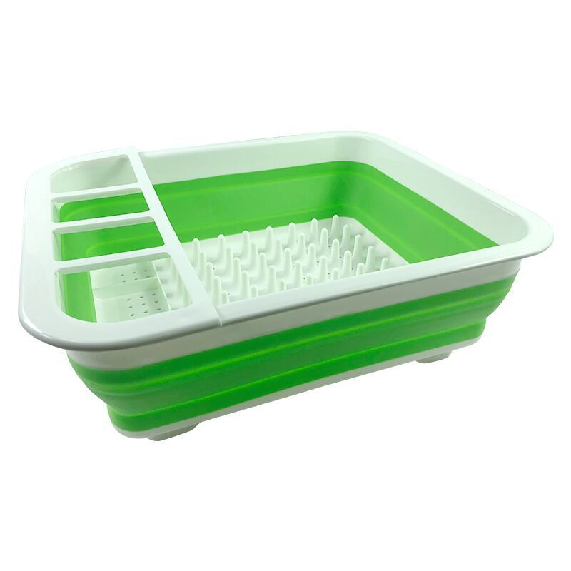 Green and white collapsible dish drainer on a white background