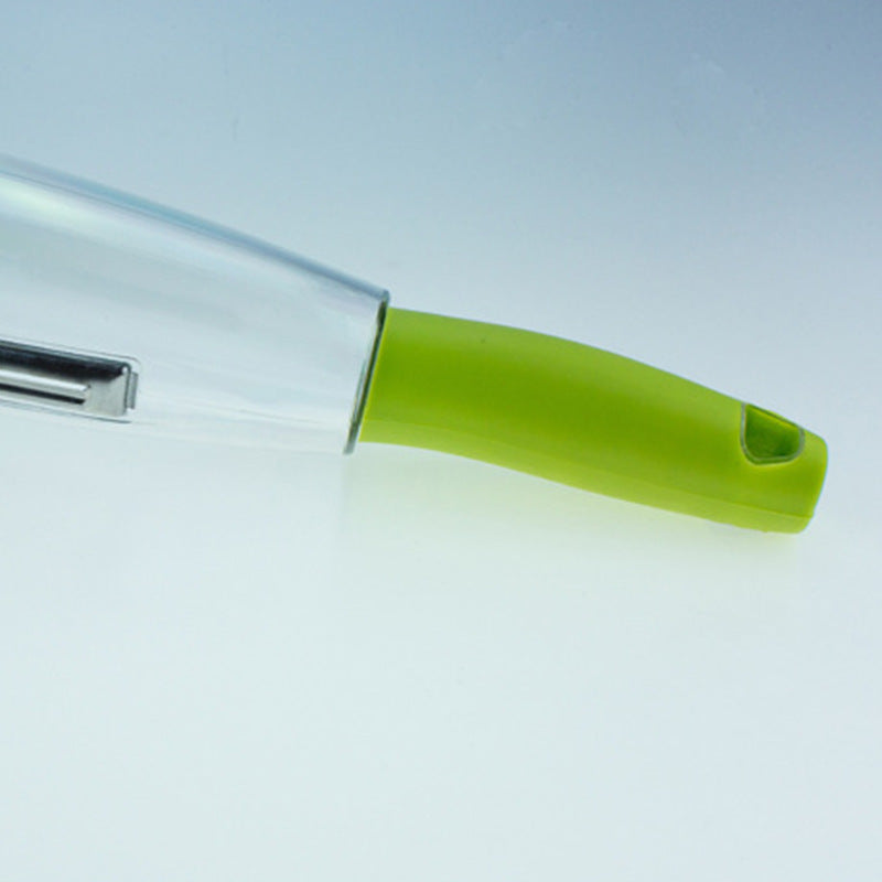 Close-up of a green kitchen tool with a clear handle on a light blue background