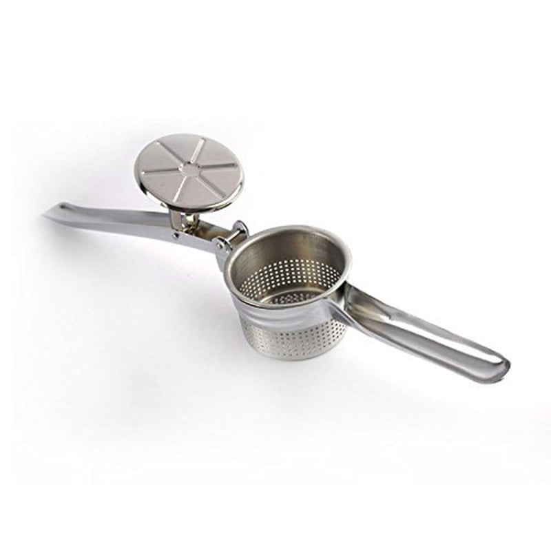 Metallic kitchen tool with a handle and perforated basket on a white background