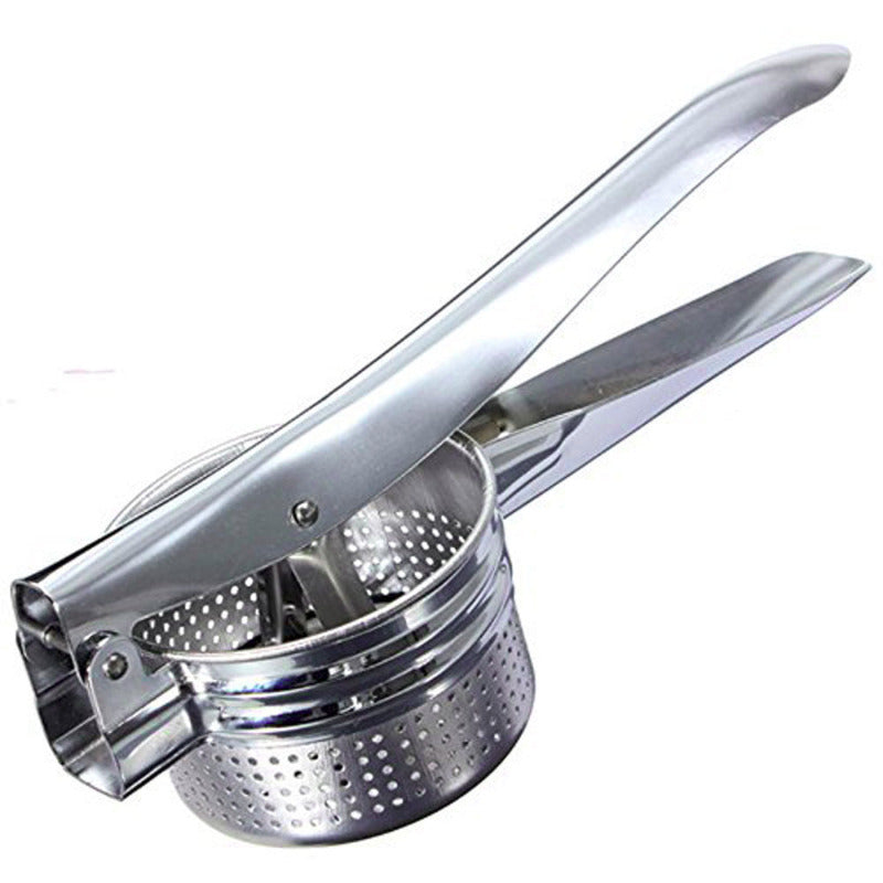 Metallic potato ricer on a white background