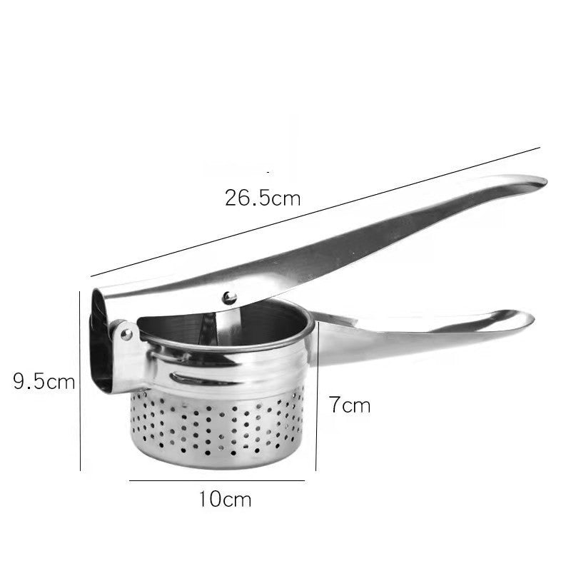 Stainless steel garlic press with dimensions labeled on a white background