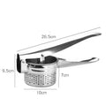 Stainless steel garlic press with dimensions labeled on a white background