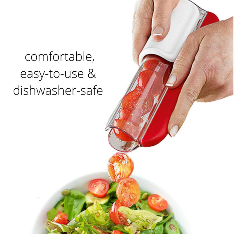 Hand using a red and white kitchen tool to add cherry tomatoes to a salad, with text highlighting features.