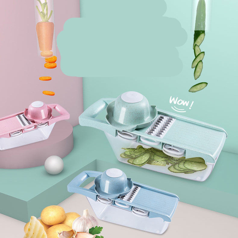 Multifunctional kitchen tool with vegetable illustrations on a colorful background