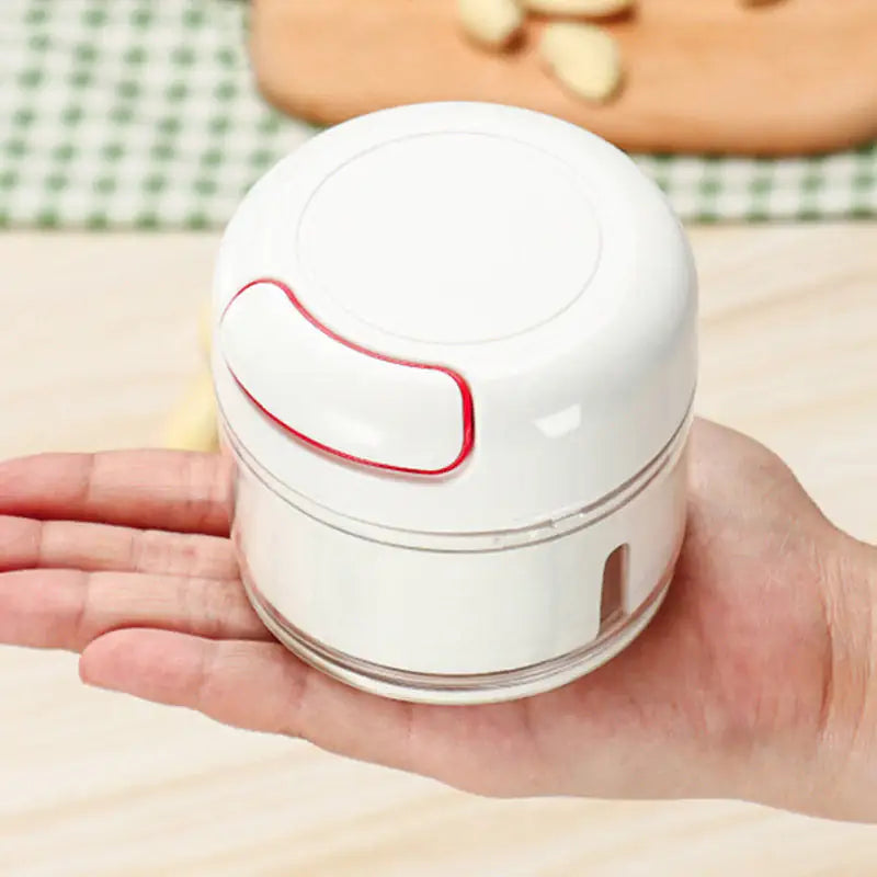Small white container with a red accent held in a hand on a checkered tablecloth background