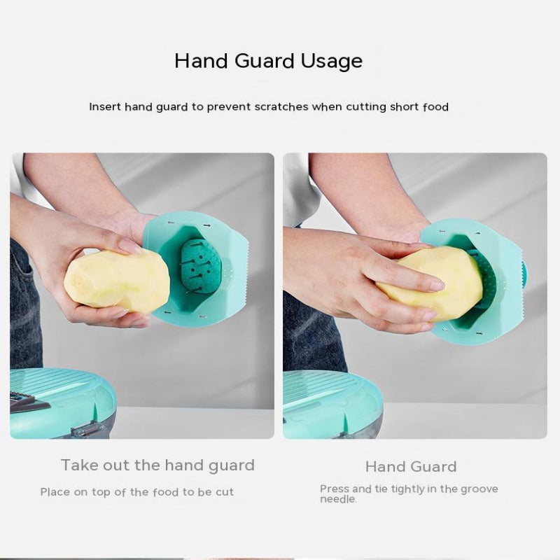 Instructions on using a hand guard to prevent scratches when cutting short food.