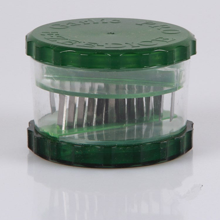 Green and clear plastic container with screws on a white background