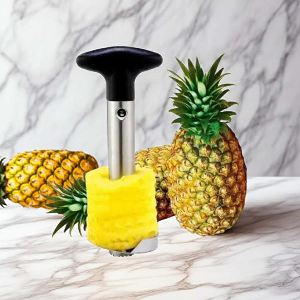 A stainless steel pineapple peeler and corer tool with a black handle stands upright in front of whole pineapples on a white marble surface and marble wall background.