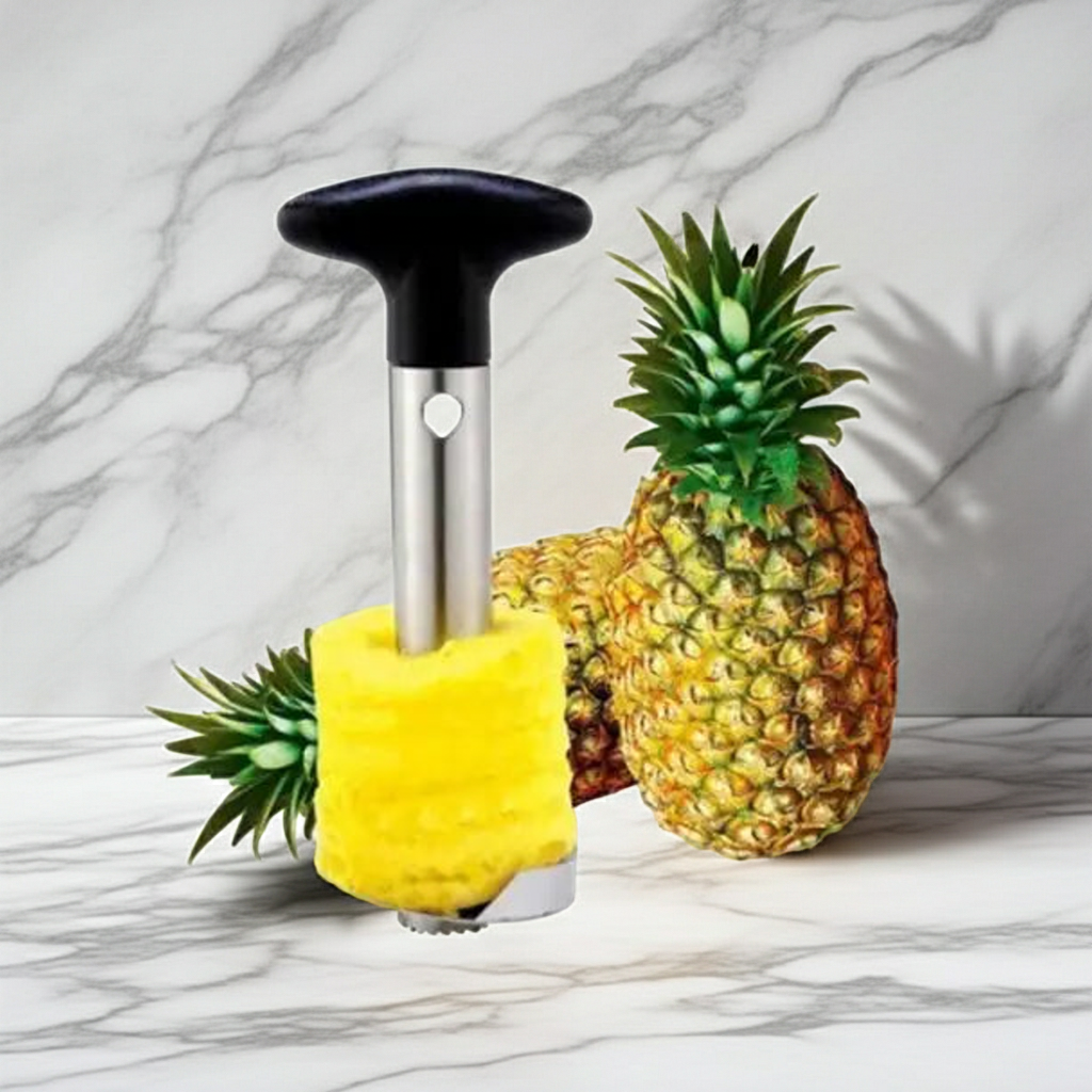 A manual pineapple peeler and corer tool with a black handle, silver metal shaft, and yellow textured peeling head, shown standing upright on a marble surface with whole and sliced pineapples nearby.
