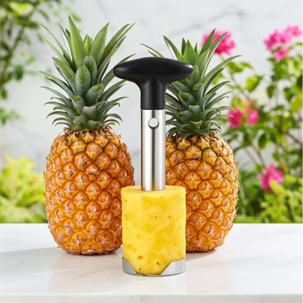 A stainless steel and black pineapple coring/slicing tool stands upright in a yellow pineapple on a white marble surface, with two whole pineapples and blurred pink flowers in the background.
