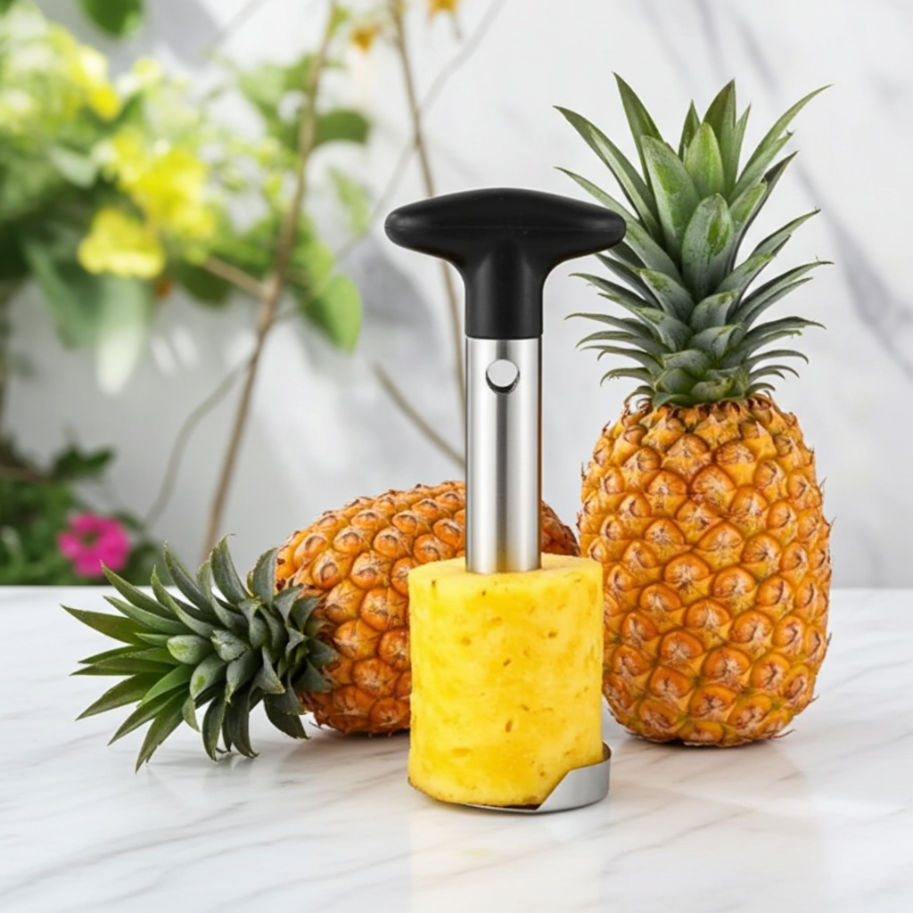 A stainless steel pineapple corer and peeler standing upright in the center, with a peeled pineapple section inserted at the base. Two whole pineapples are placed behind it on a light marble surface with a softly blurred tropical floral background.