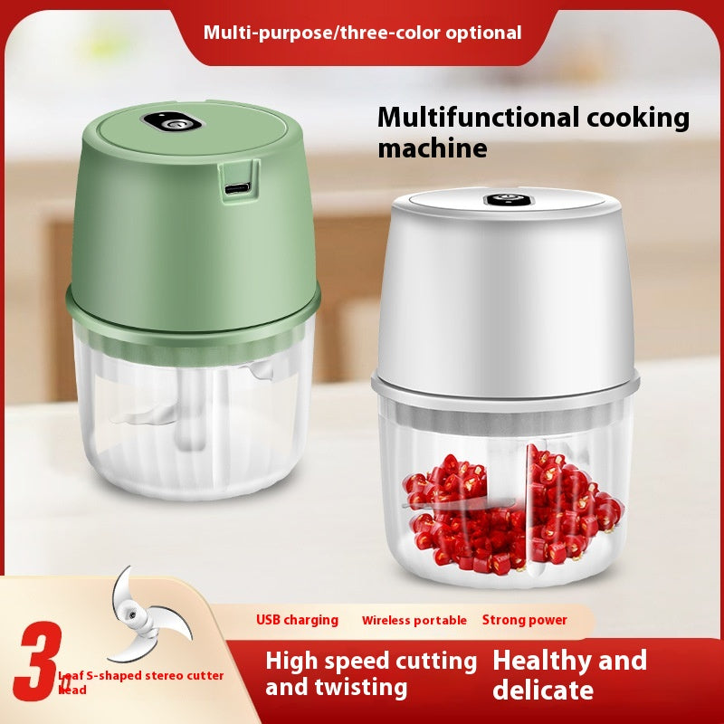 Multifunctional cooking machine with green and white models on a light background