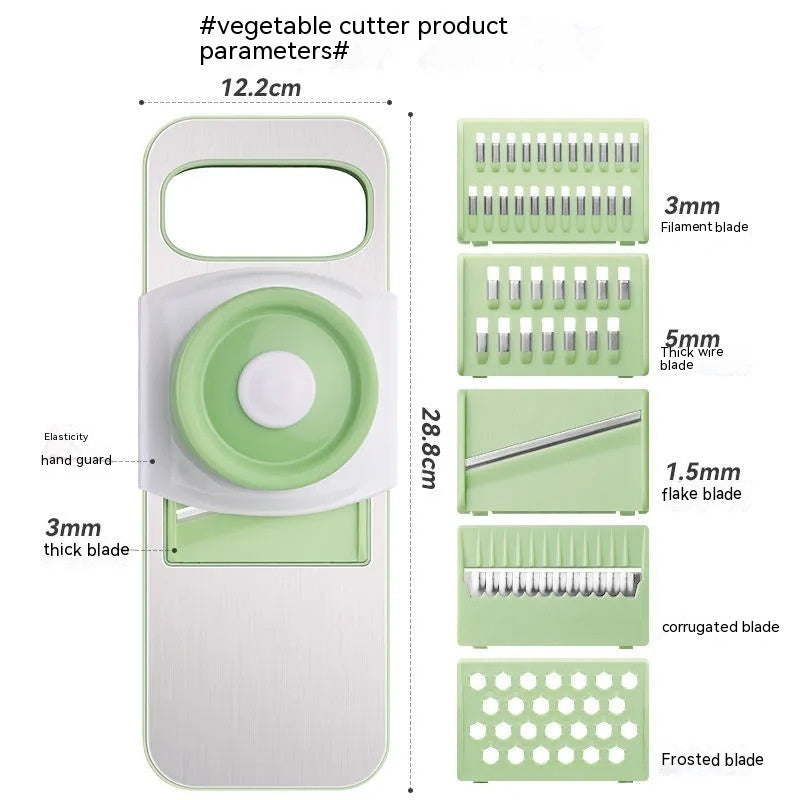 Vegetable cutter with interchangeable blades and dimensions on a white background