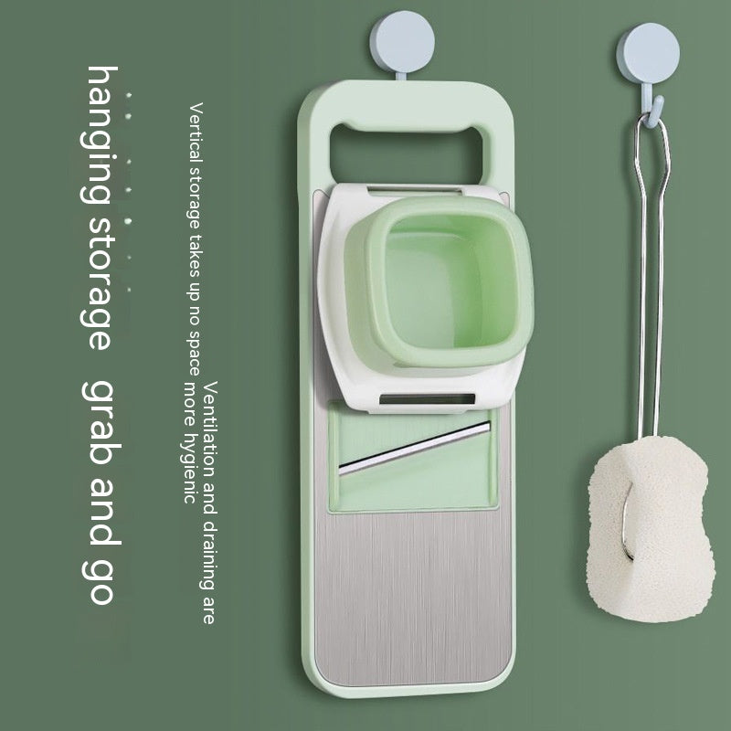 Green and gray hanging storage organizer with hooks on a green background