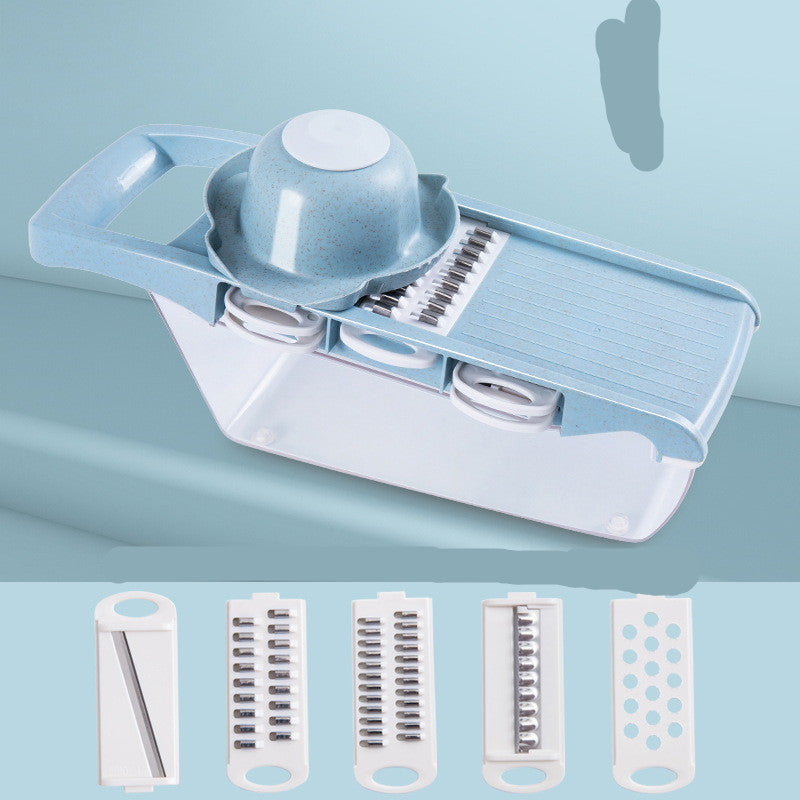 Multifunctional kitchen tool with interchangeable parts on a light blue background