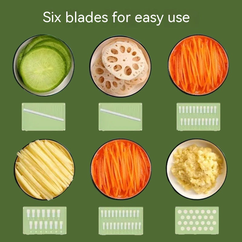 Various food items sliced with different blades on a green background