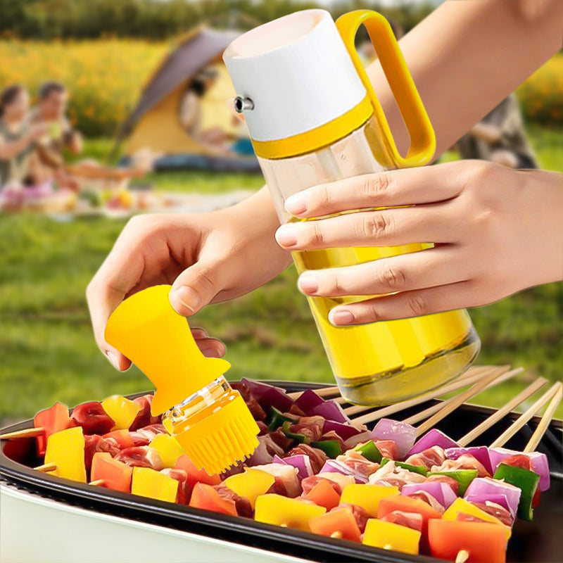 Person using a yellow basting brush on skewered vegetables outdoors with a campsite in the background.