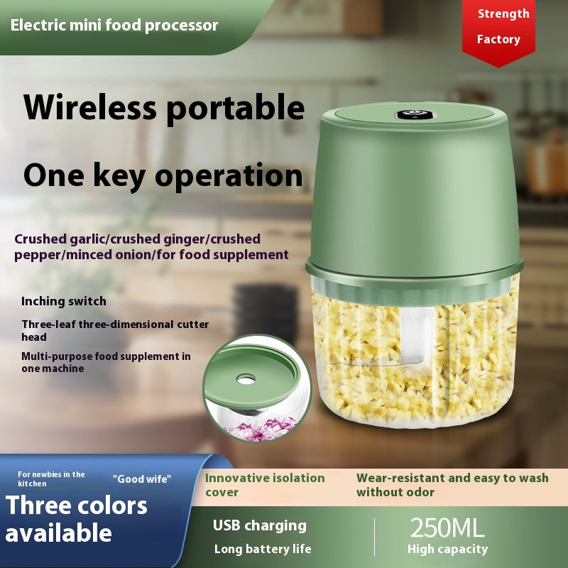 Green electric mini food processor with text highlighting features on a kitchen background