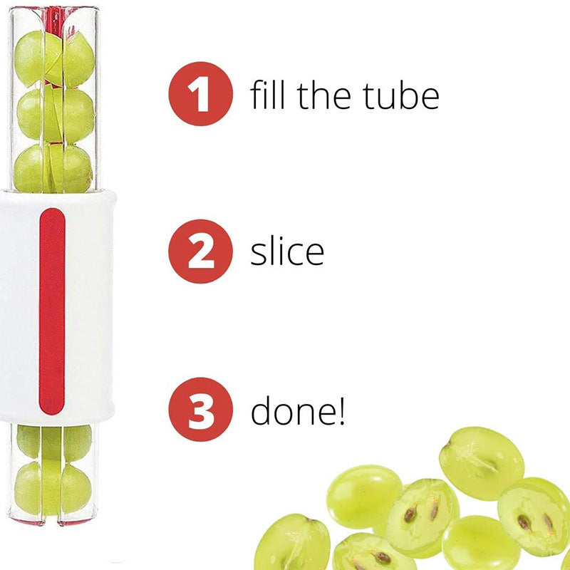Instructions for using a grape slicing device with images of grapes and text.