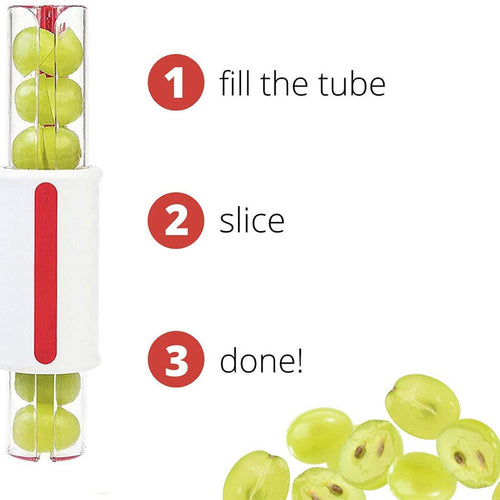 Instructions for using a grape slicing device with images of grapes and text.