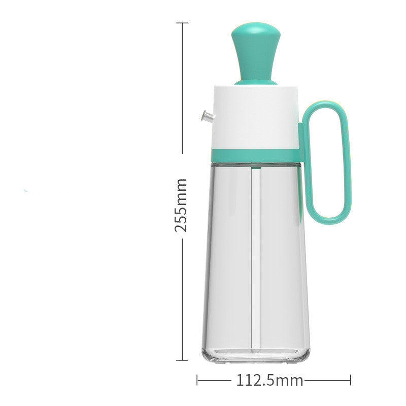 Clear glass bottle with turquoise cap and handle on a white background