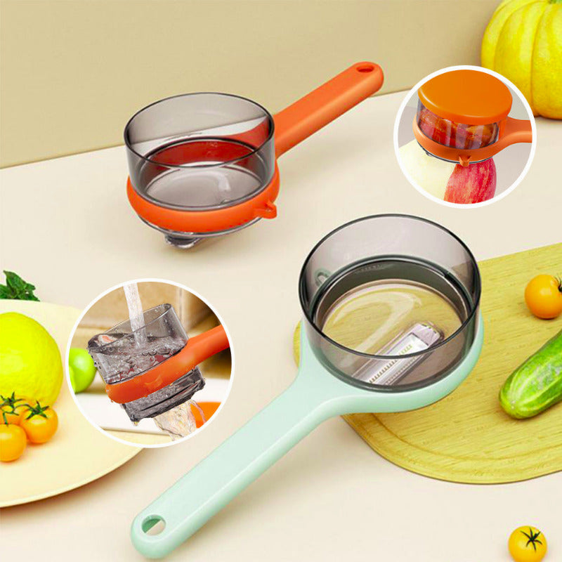 Two kitchen tools with orange and green handles on a beige surface with vegetables.