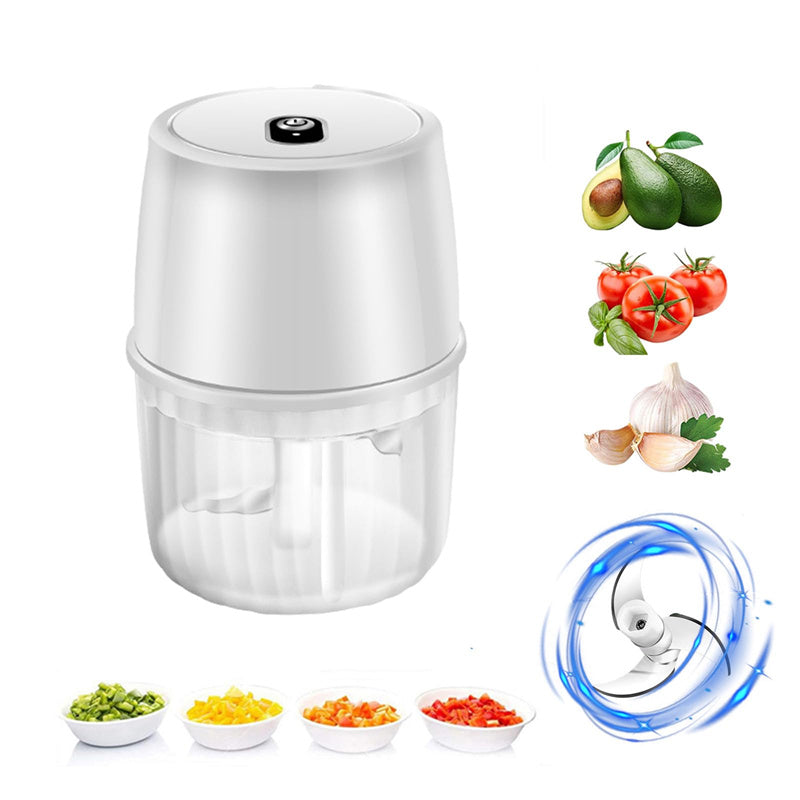 White food chopper with images of vegetables and a fan on a white background