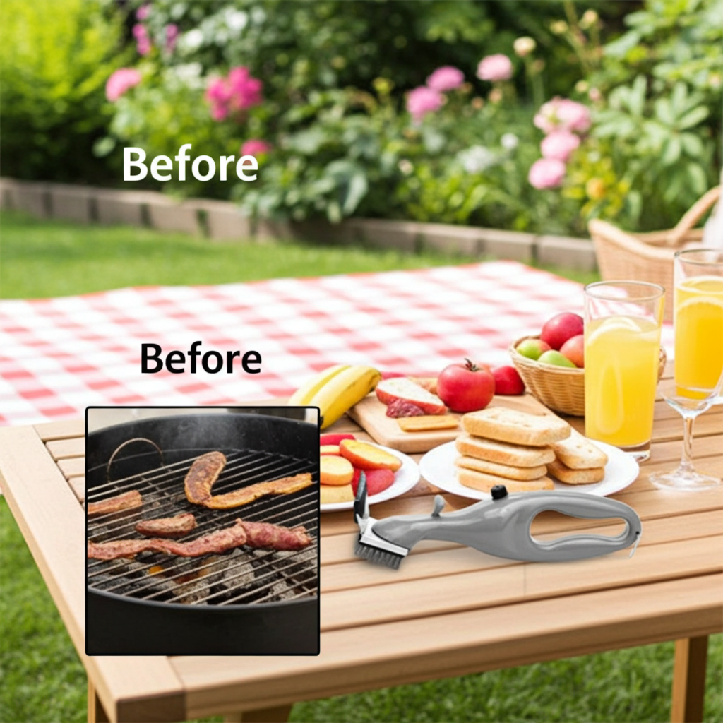 A barbecue grill cleaning brush and scraper tool are displayed on a wooden outdoor table with a picnic setup, alongside a small inset showing dirty grill grates. The scene is labeled 'Before' and set in a real garden environment, making the subject type Lifestyle.