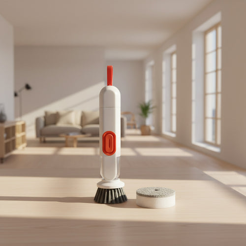 Cleaning brush with interchangeable heads on a white background