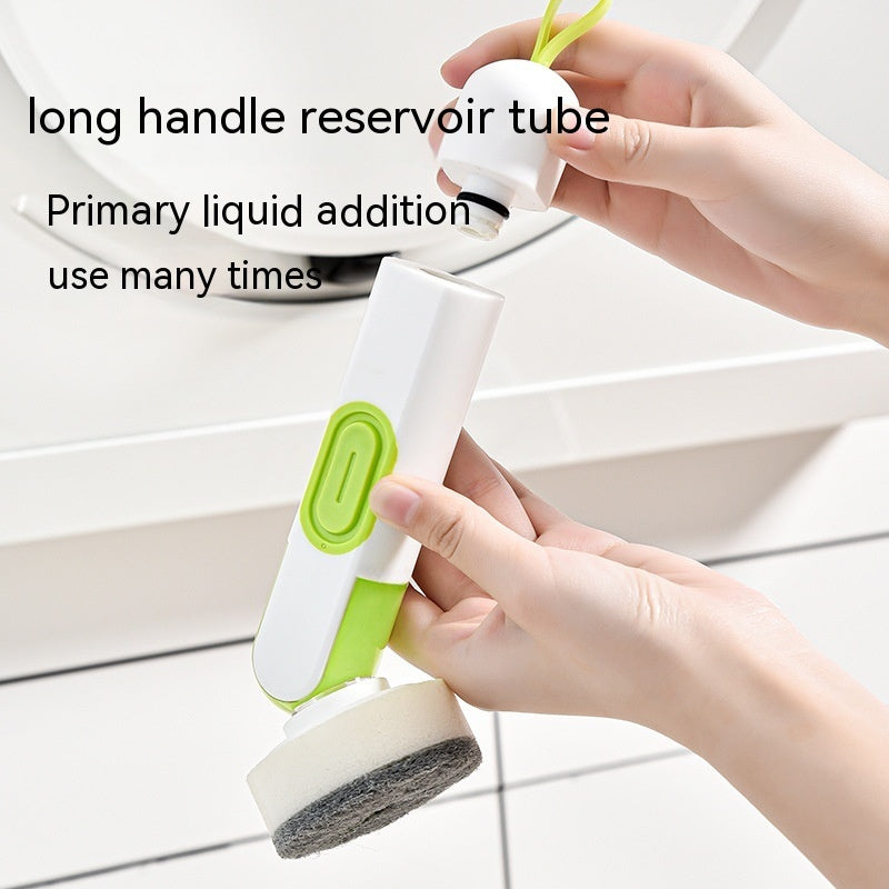 Cleaning tool with long handle and reservoir tube held by a hand on a light background