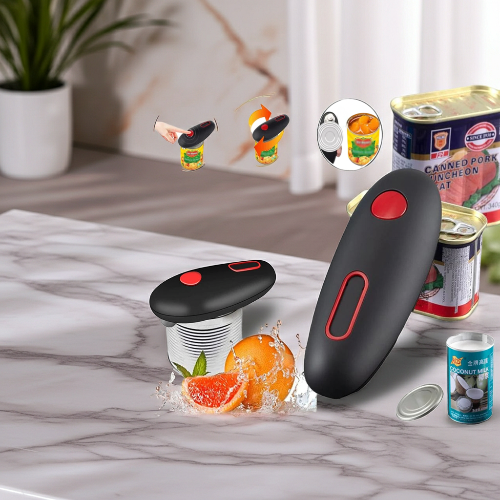 A black and red electric can opener is shown on a marble countertop with various canned foods and fruit slices, alongside floating inset diagrams demonstrating its use.