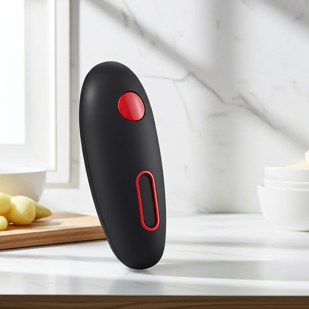 A sleek black personal massager with red accent buttons stands upright on a white marble kitchen countertop, with blurred kitchen items in the background.