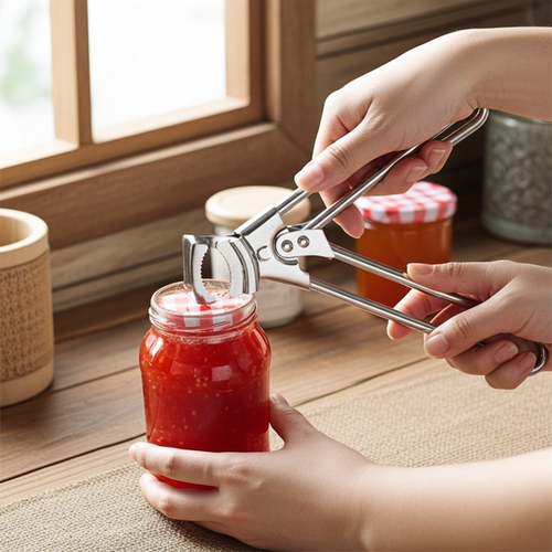 A stainless steel jar lifter tool with red-and-white checkered silicone grips is being used by two hands to lift a glass jar of red jam on a wooden table near a window.