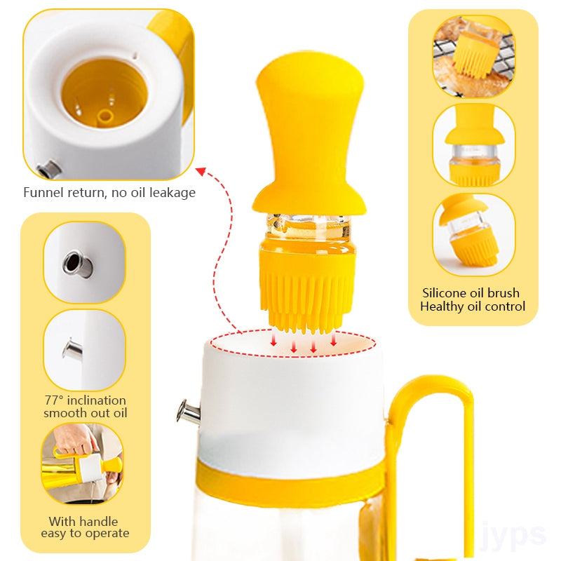 Yellow and white oil press with features highlighted on a yellow background