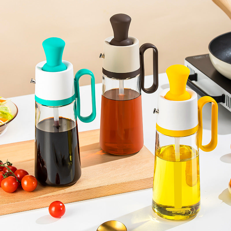Three glass oil bottles with colorful lids on a kitchen counter.