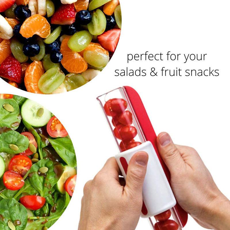 Fruit and salad preparation with a container holding cherry tomatoes.