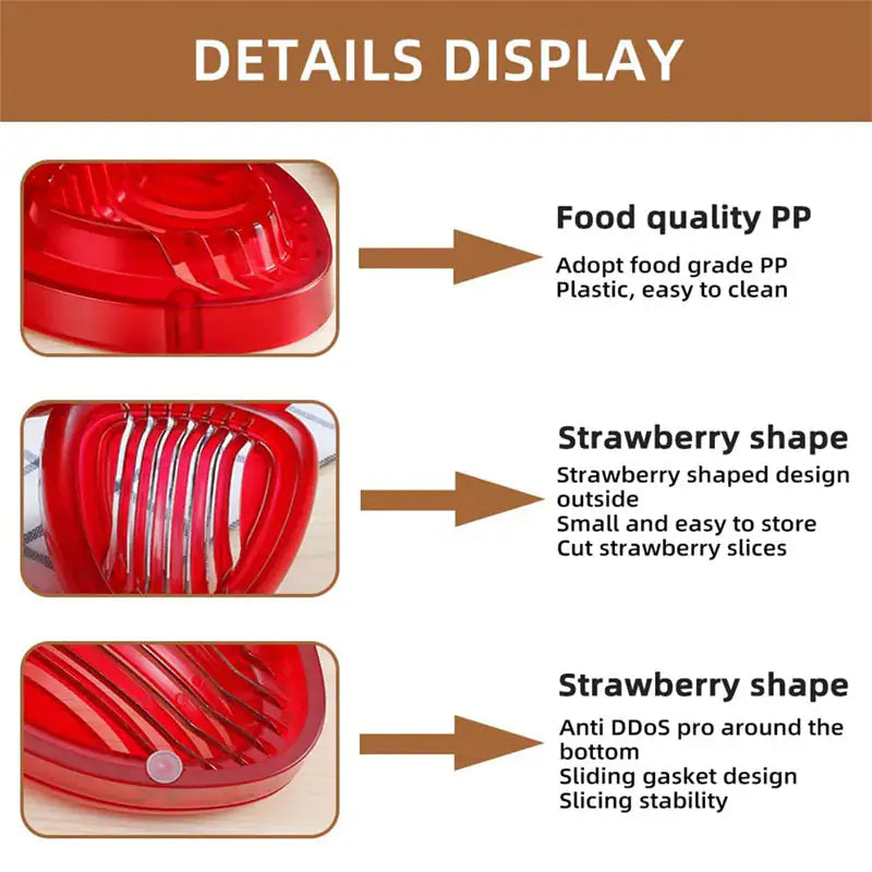 Red strawberry-shaped slicer with features highlighted on a white background