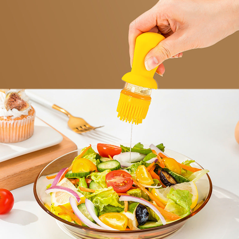 Yellow salad dressing bottle being used on a colorful salad with a brown background