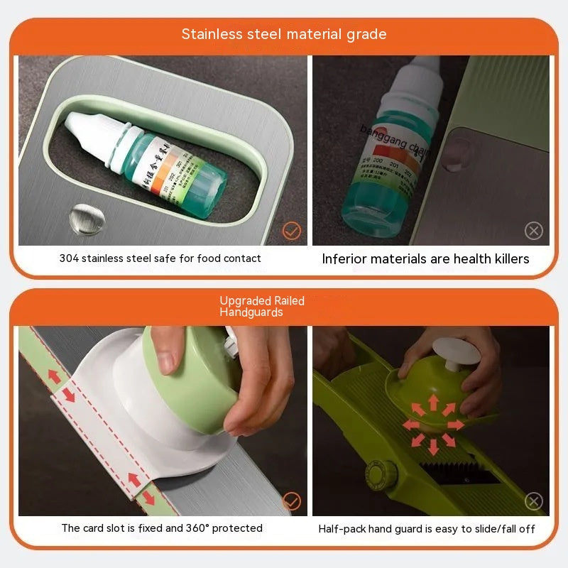 Product comparison of stainless steel material grade and handguard design on a green container.