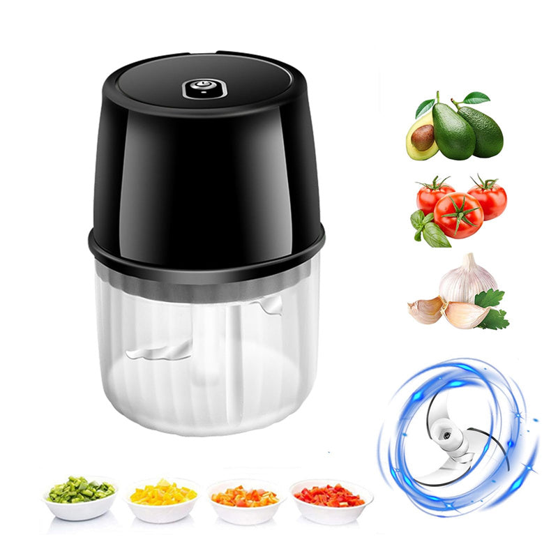 Black and clear handheld food chopper with images of ingredients and a close-up of the blade on a white background.