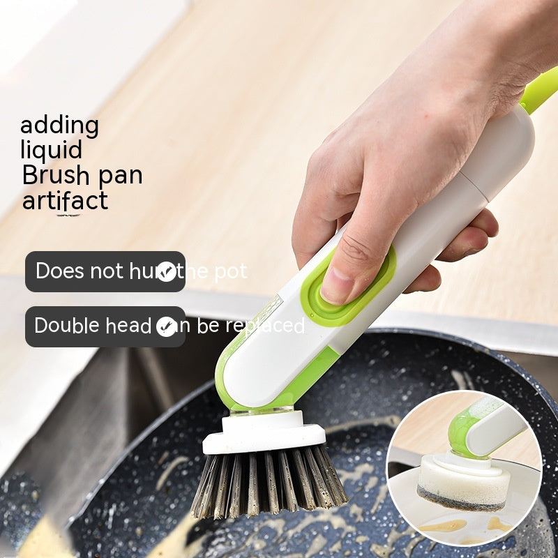Hand holding a green and white scrubbing brush over a pot with text overlay.