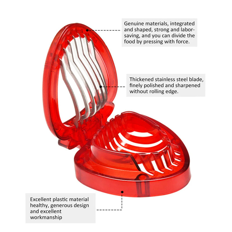 Red kitchen slicer with text describing its features on a white background