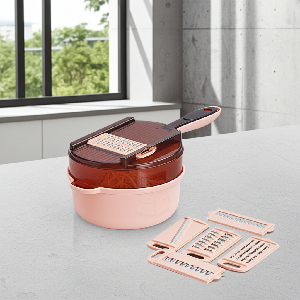A pink and dark brown multi-functional vegetable chopper and grater set with detachable blades, shown on a light gray countertop in a modern kitchen setting.