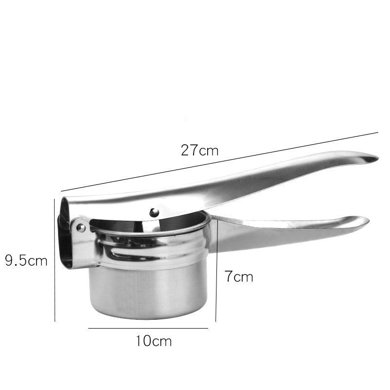 Stainless steel garlic press with dimensions labeled on a white background