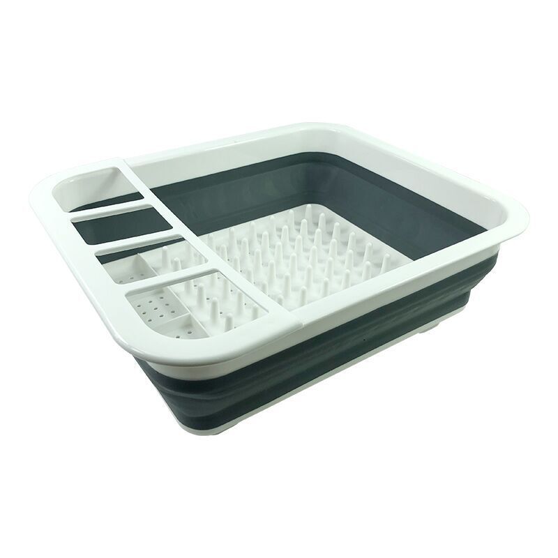 Collapsible dish drying rack with compartments on a white background