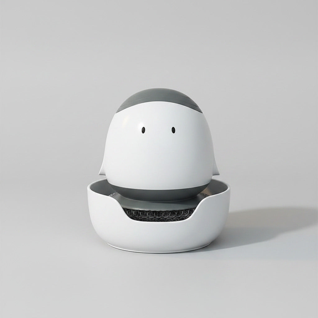 White and gray robot-like device on a wooden surface with 'Light grey' label.