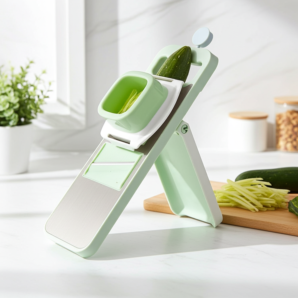 A light green and white manual vegetable slicer and mandoline stand shown on a bright kitchen counter, with a cucumber being fed into the slicer and shredded green strips visible on a wooden board.